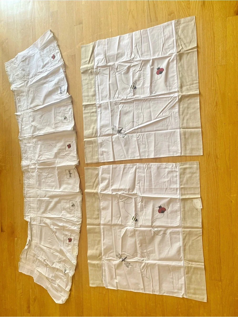 NEW Hand Embroidered Cotton Valance & Tier Set Ladybug Bee Dragonfly Cottage